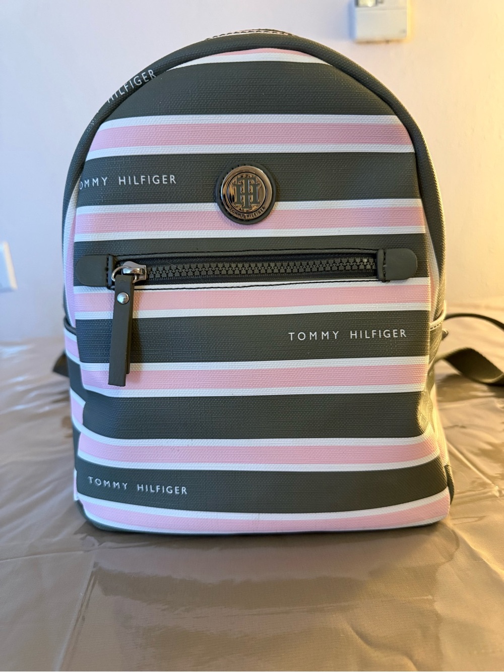 Tommy Hilfiger Pink and Green Striped Mini Backpack